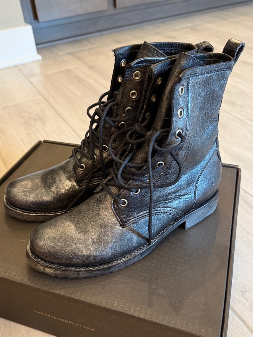 Frye Black and Silver Shimmer Lace-Up Combat Boots